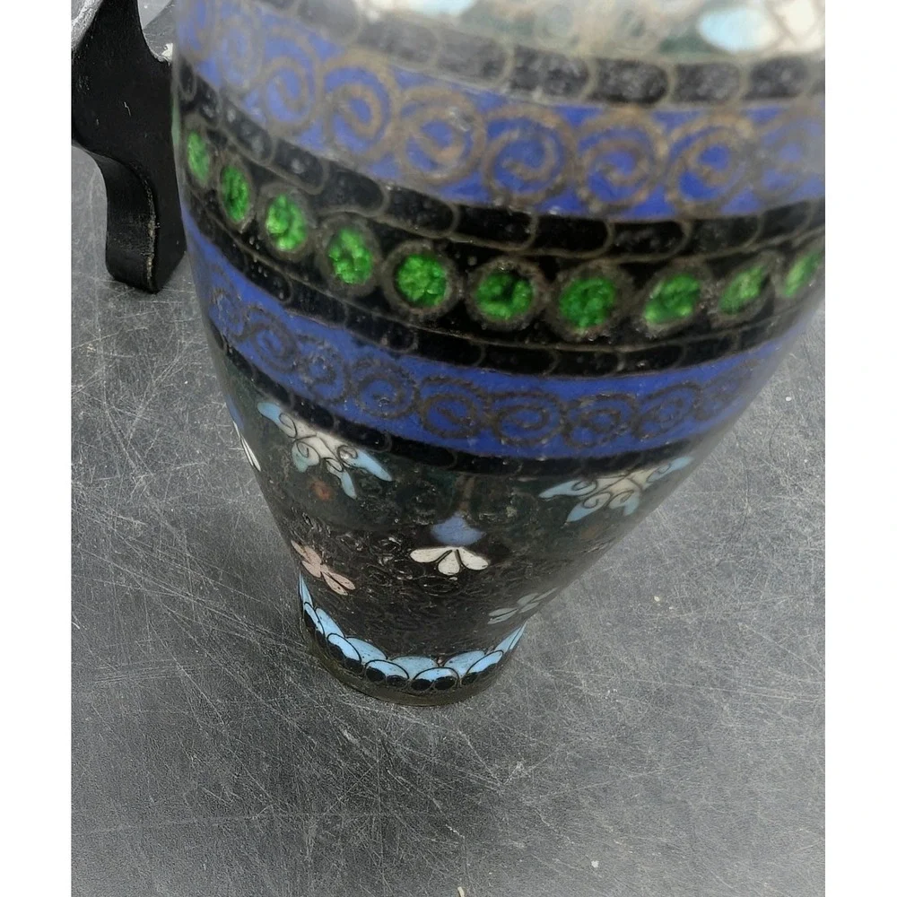 Antique Japanese Cloisonne Enamel Miniature Vase Blue Green Floral 3